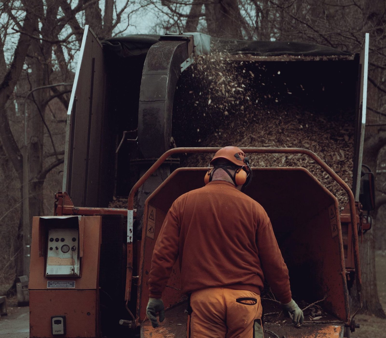 A worker in ear defenders feeding brush into a wood chipper